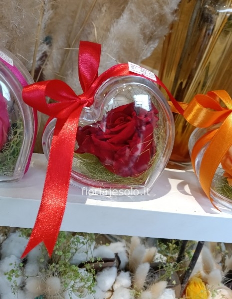 Rosa stabilizzata everlasting in cuore trasparente di plexiglass